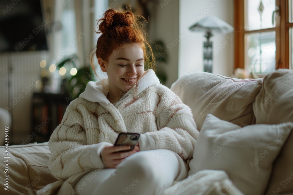 Obraz premium Beautiful young woman smiling while sitting on the sofa and using mobile phone at home
