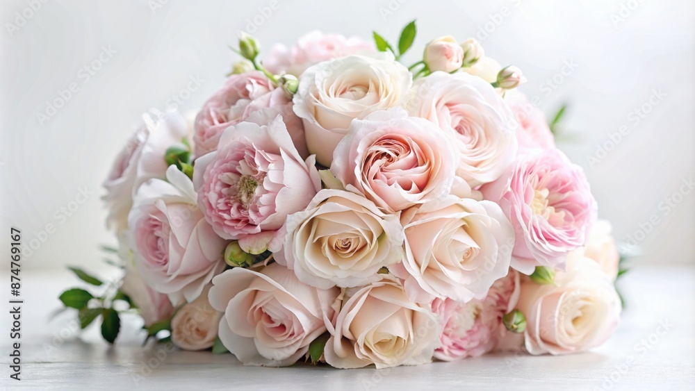 Delicate pale pink bouquet with subtle sheen and gentle petals resting on a clean minimalist white copiespace background. Delicate pale pink bouquet with subtle sheen and gentle petals resting on a clean minimalist white copiespace background.