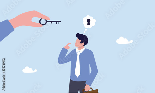 Businessman thinking with idea as a keyhole with helping hand holding the success key, business support or help to solve problem, clear and unblock work obstacle or key to unlock business idea concept