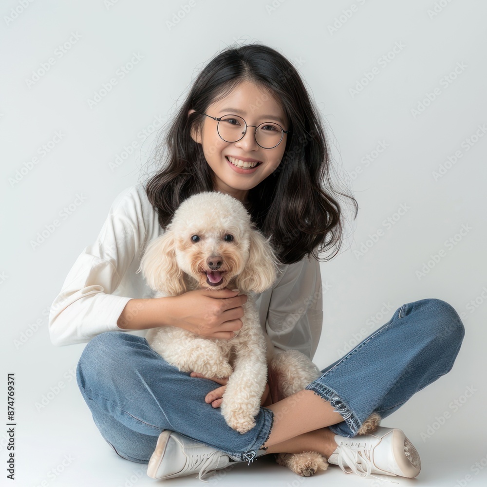 Young Asian woman wearing glasses and jeans is sitting on the floor holding her Poodle dog in front of a white background. Young Asian woman wearing glasses and jeans is sitting on the floor holding her Poodle dog in front of a white background.