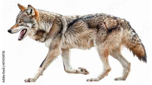 A wolf is walking on a white background