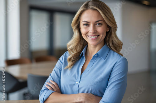 Free Download Portrait of smiling young woman confidently with long blonde hair light blue shirt in office setting - GFXLoad