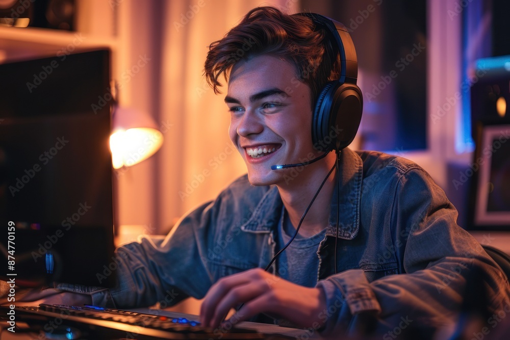 Obraz premium Man with headphones smiling and speaking into a microphone for a podcast.