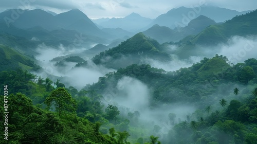 High mountain peaks partially hidden by swirling mist during the rainy season, creating a dramatic natural scene Generative AI