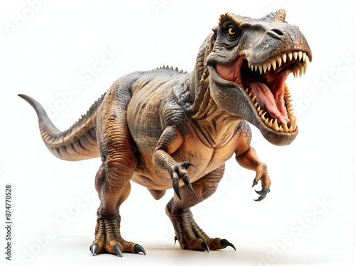 A large, fierce-looking toy dinosaur, a tyrannosaurus rex, stands alone on a gray background, its sharp teeth and claws prominent, ready for battle. © Adisorn