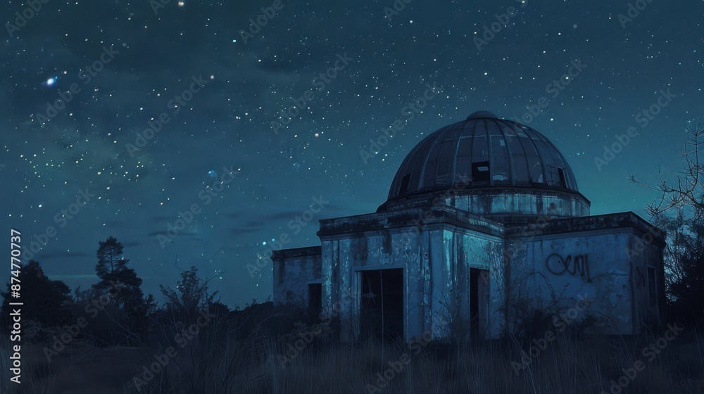 Fototapeta premium Ghostly Ambiance of an Abandoned Observatory Under the Haunting Night Sky
