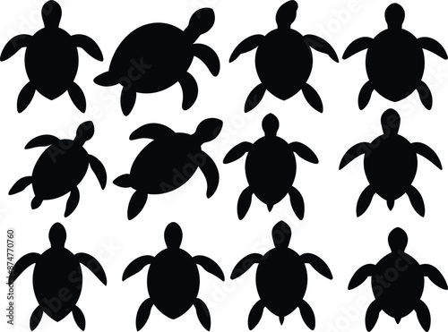 Set of different turtle silhouette on white background, Sea turtle stencil template bundle