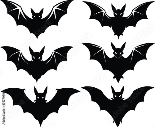 Halloween bat silhouette collection isolated on white background, Bats icons set