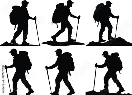 Collection of Hiker in mountains silhouettes in different poses, Silhouette set of hiker, white background
