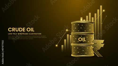 Rising Crude Oil Prices with Crude Oil Barrels and 3D Rupee Symbol. Crude Oil Low Poly Wireframe Vector Illustration on Technological Blue Background.