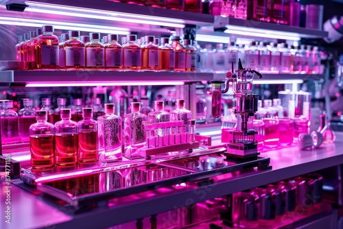 Array of colorful chemical flasks in a futuristic laboratory, pink and purple hues, advanced scientific setting, detailed glassware, digital illustration.