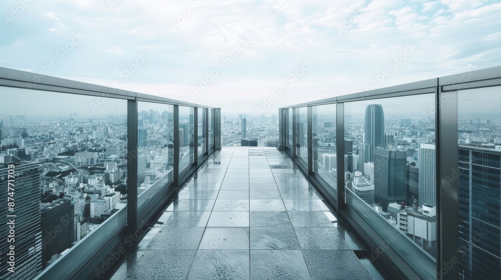 Fototapeta premium A city skyline is visible from a high walkway
