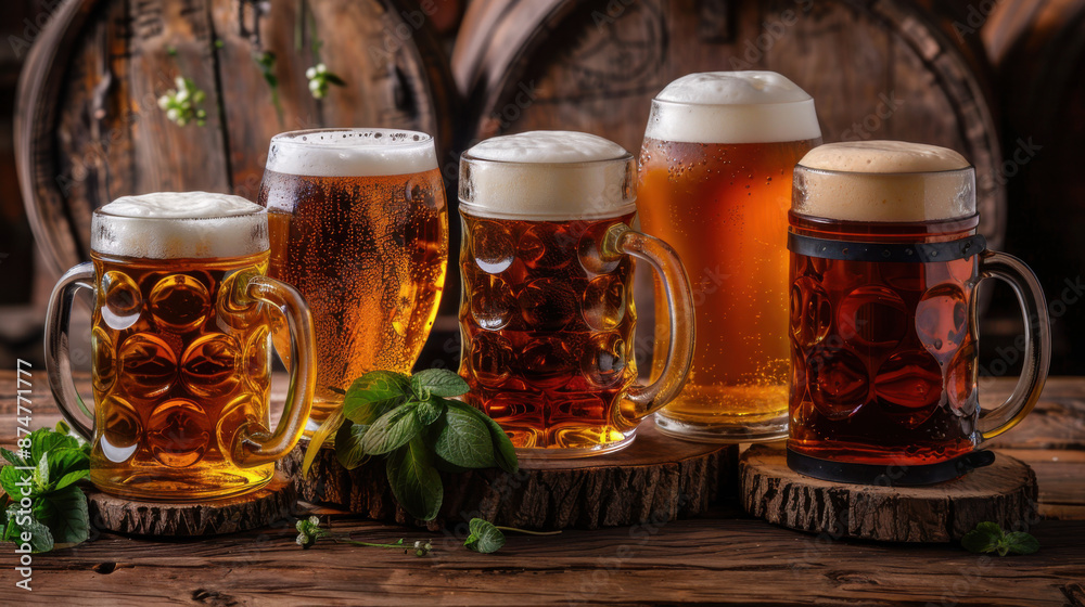 A selection of different craft beers in mugs on a rustic wooden table, set against wooden barrels. A selection of different craft beers in mugs on a rustic wooden table, set against wooden barrels.