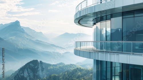 A mountain range is visible in the background of a glass building
