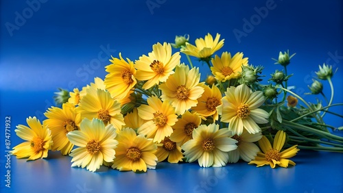 Yellow Cosmos Flowers on Blue Background photo