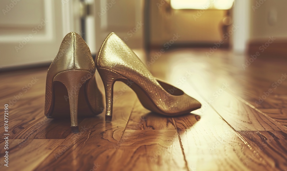 Obraz premium Wedding shoes on a high heel on a wooden floor.