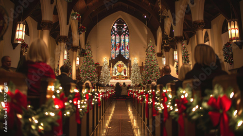 People attending a beautifully decorated church for a Christmas Eve service, with festive lights and Christmas trees.