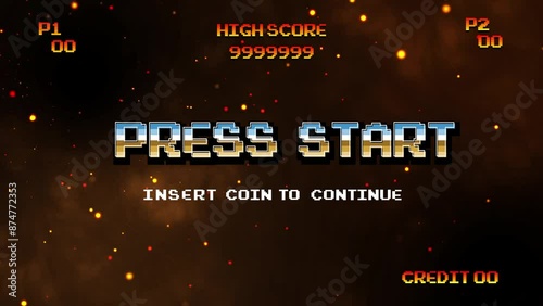 PRESS START INSERT A COIN TO CONTINUE .pixel art .8 bit game.retro game. for game assets in vector illustrations.Retro Futurism Sci-Fi Background. glowing neon grid.and stars from vintage arcade comp