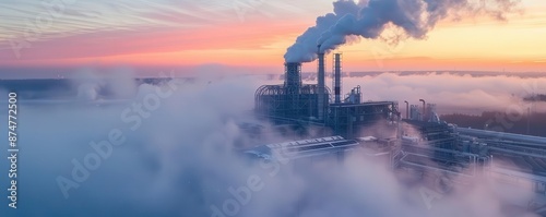 Industrial bioenergy facility with steam rising foggy morning