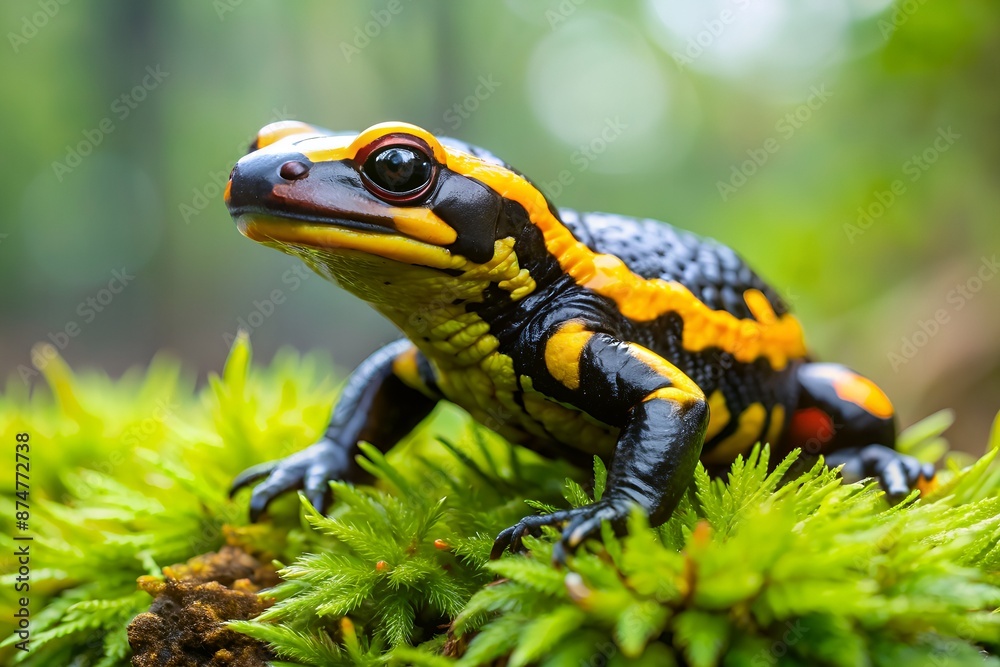 Fototapeta premium Vibrant yellow spots and stripes adorn the black skin of a whole fire salamander on wet moss and fungus in a lush forest ecosystem.