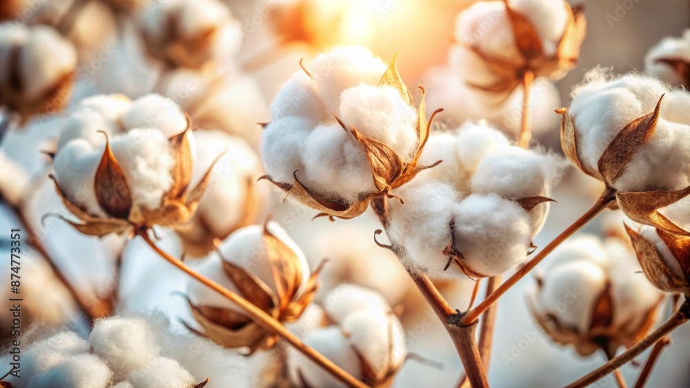 Soft, luminous white cotton fibers in a natural, organic state, symbolizing environmentally sustainable fashion and textile practices for a greener future. Soft, luminous white cotton fibers in a natural, organic state, symbolizing environmentally sustainable fashion and textile practices for a greener future.