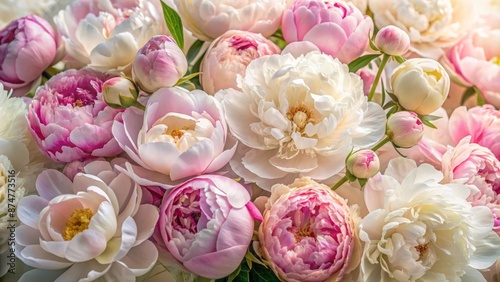 Fototapeta Naklejka Na Ścianę i Meble -  Delicate, lush, white and pink peonies of varying sizes, softly illuminated, gently overlapping, creating a serene, romantic, botanical vertical composition.