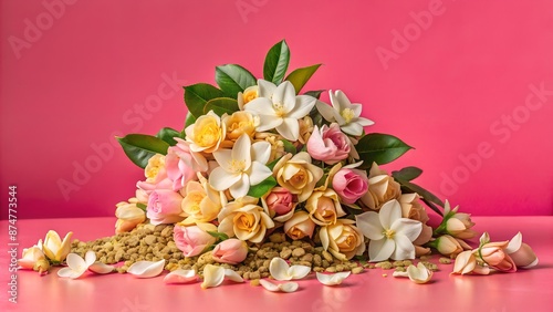 Beautiful and colorful bouquet of various flowers on a pink background photo