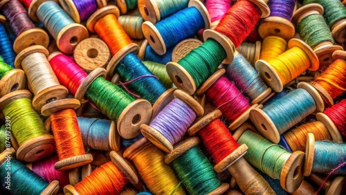 Vibrant multicolored threads wrapped around wooden spools stacked haphazardly in a chaotic yet artistic arrangement awaiting creative expression. photo