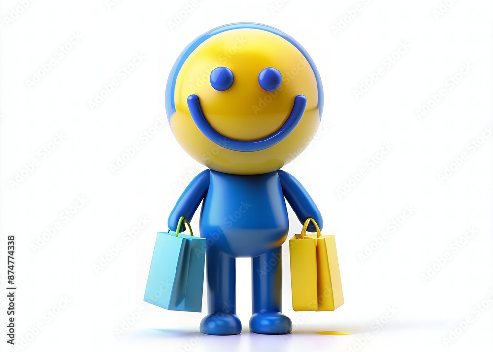 Vibrant yellow and blue 3D model of a smiling consumer icon standing on a white background, symbolizing happiness and positivity in modern shopping experiences. Vibrant yellow and blue 3D model of a smiling consumer icon standing on a white background, symbolizing happiness and positivity in modern shopping experiences.