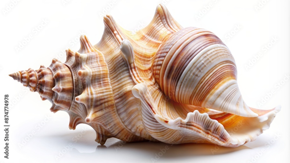 Serene isolated conch shell showcases intricate textures and swirling patterns on a smooth white background with soft, warm, natural illumination. Serene isolated conch shell showcases intricate textures and swirling patterns on a smooth white background with soft, warm, natural illumination.