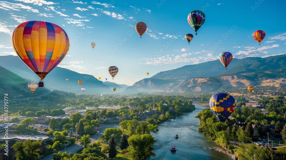 Fototapeta premium The balloons are flying high in the sky, creating a vibrant