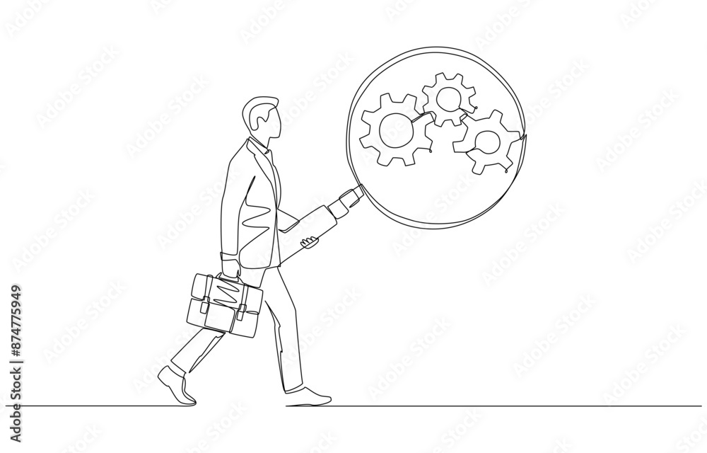 Continuous one line drawing of businessman analyze cogwheels system with magnifying glass, workflow monitoring for smooth operation concept, single line art. Continuous one line drawing of businessman analyze cogwheels system with magnifying glass, workflow monitoring for smooth operation concept, single line art.
