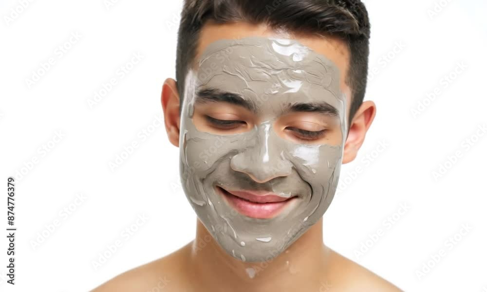 A young man with a clay face mask applied, smiling towards the camera, emphasizing skincare and self-care routines for men A young man with a clay face mask applied, smiling towards the camera, emphasizing skincare and self-care routines for men