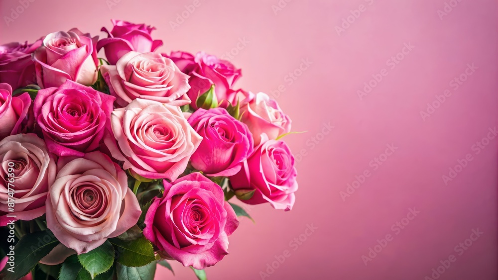 Vibrant pink roses bouquet on soft pink background with gentle petals and subtle shadows, surrounded by ample copy space. Vibrant pink roses bouquet on soft pink background with gentle petals and subtle shadows, surrounded by ample copy space.