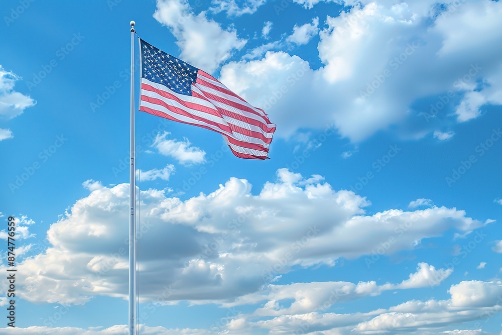 The United States flag waving high in the blue sky