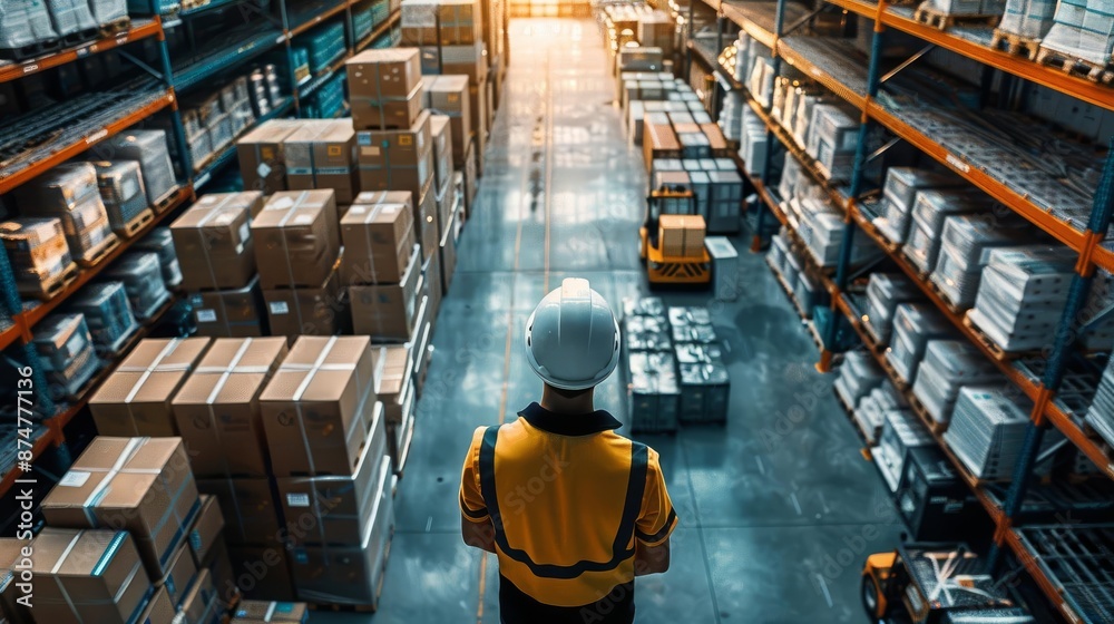 Obraz premium Silhouette of a manager overseeing cargo organization in a large storage facility, overhead view, cool tones, photorealistic clarity