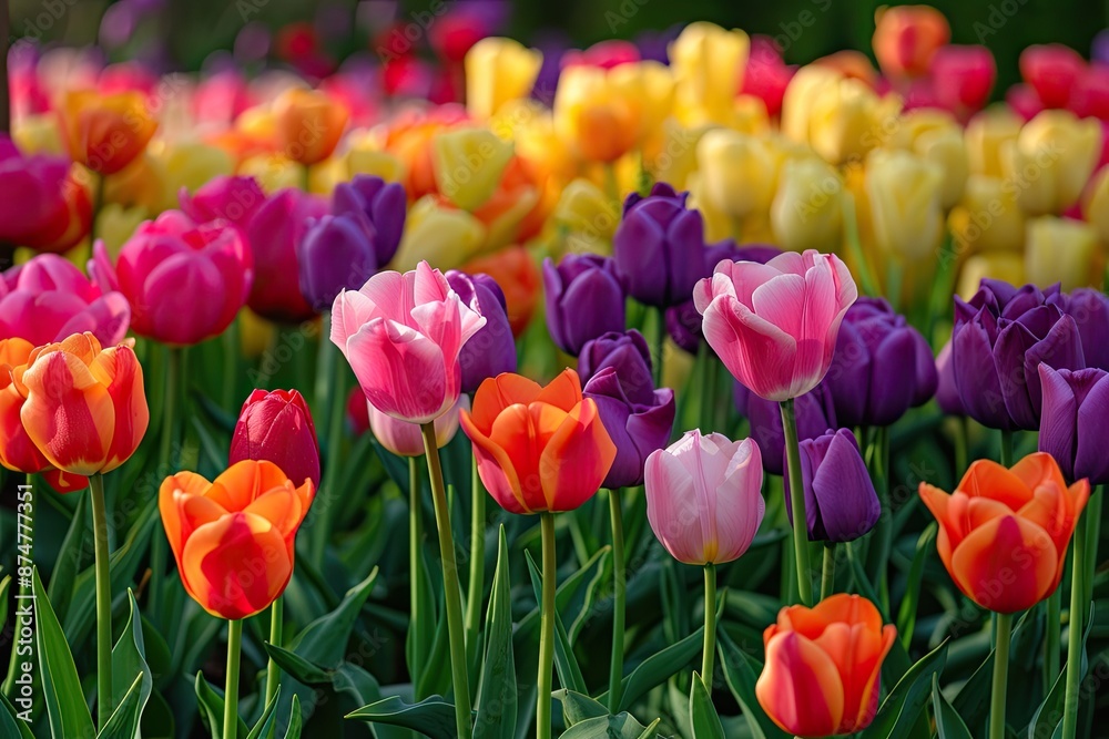a field of colorful tulips with a blurry background, field of tulips in various colors a field of colorful tulips with a blurry background, field of tulips in various colors