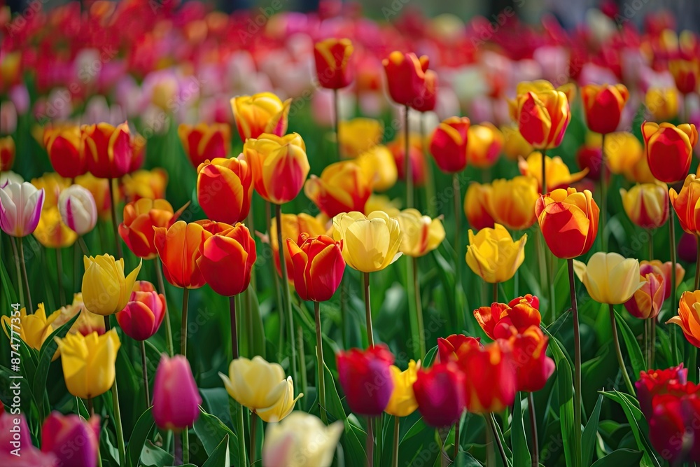 a field of colorful tulips with a blurry background, field of tulips in various colors a field of colorful tulips with a blurry background, field of tulips in various colors