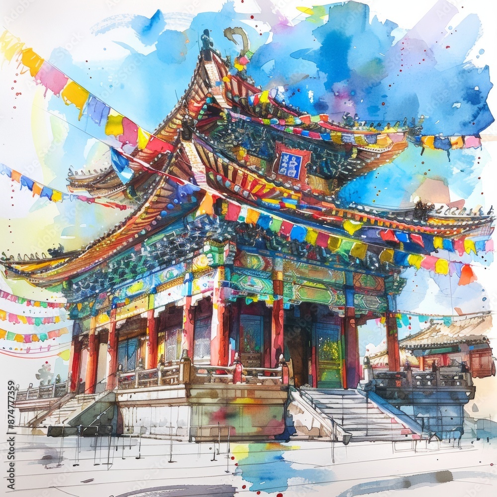 Serene Temple with Colorful Prayer Flags and Asian Architecture in Vibrant Sketched Illustration Serene Temple with Colorful Prayer Flags and Asian Architecture in Vibrant Sketched Illustration