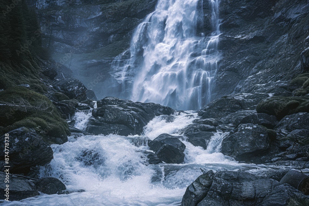 a waterfall in the middle of a rocky area, majestic waterfall cascading down rocky cliffs a waterfall in the middle of a rocky area, majestic waterfall cascading down rocky cliffs