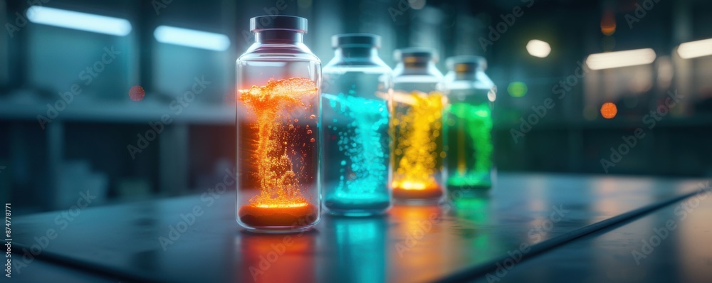Glowing liquids in glass jars with different colors placed on a laboratory table, emitting vibrant lights, scientific experiment background. Glowing liquids in glass jars with different colors placed on a laboratory table, emitting vibrant lights, scientific experiment background.