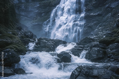 a waterfall in the middle of a rocky area, majestic waterfall cascading down rocky cliffs