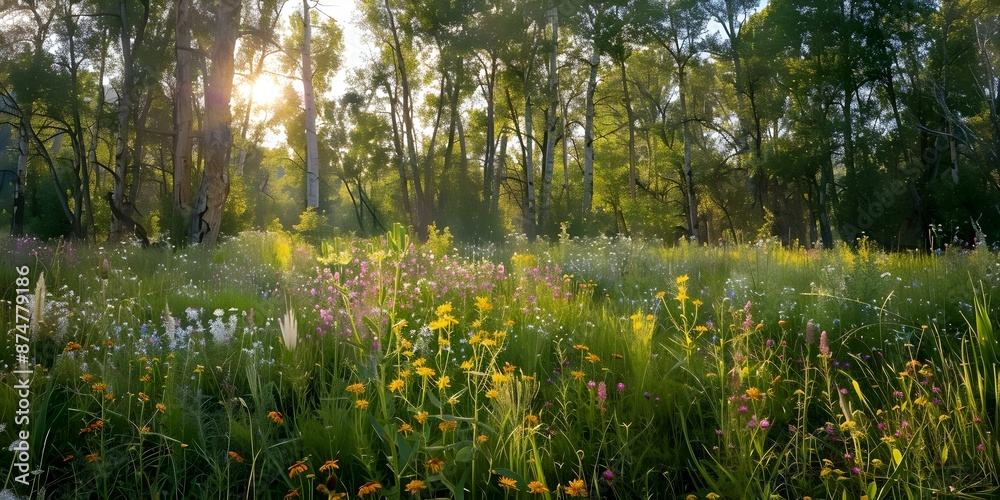 Fototapeta premium Sunlight streaming through towering trees onto vibrant meadow with wildflowers. Concept Nature Photography, Sunlit Meadows, Wildflower Fields, Tree Shadows, Outdoor Beauty