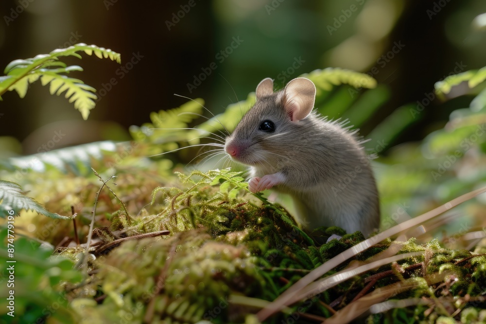 a mouse sitting on a moss covered ground, Amongst soft ferns, a friendly mouse appears, sharing snippets of magical stories with you a mouse sitting on a moss covered ground, Amongst soft ferns, a friendly mouse appears, sharing snippets of magical stories with you