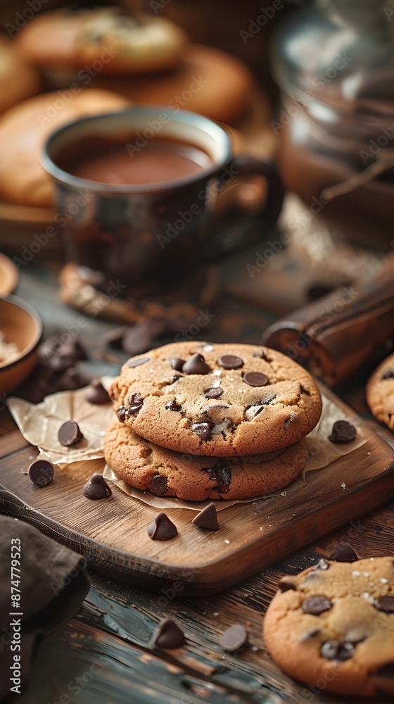 Freshly Baked Homemade Chocolate Chip Cookies with Melting Chocolate and Warm Bread Concept Freshly Baked Homemade Chocolate Chip Cookies with Melting Chocolate and Warm Bread Concept