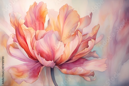 Fototapeta Naklejka Na Ścianę i Meble -  a painting of a pink flower on a blue background, ethereal tulip unfurls, blending hues in a mesmerizing watercolor tapestry