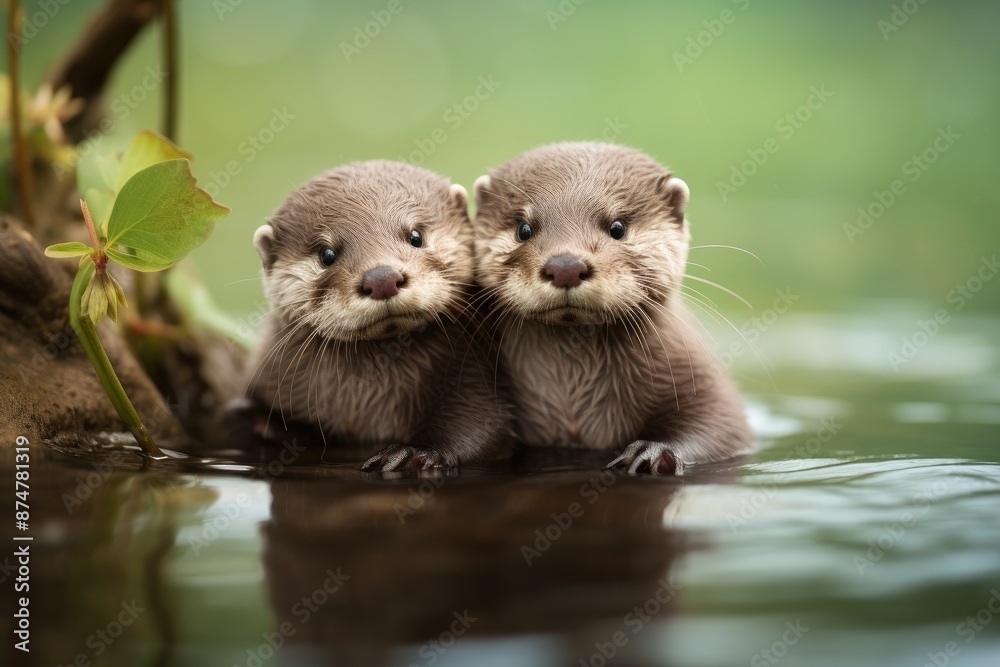 two otters are sitting in the water, pair of baby otters floating on their backs two otters are sitting in the water, pair of baby otters floating on their backs