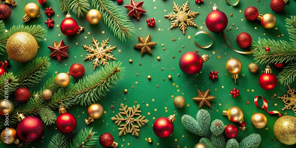 Vibrant green background adorned with gold and red Christmas decorations, including tree, balls, tinsel confetti, and snowflakes, perfect for festive holiday website headers. Vibrant green background adorned with gold and red Christmas decorations, including tree, balls, tinsel confetti, and snowflakes, perfect for festive holiday website headers.