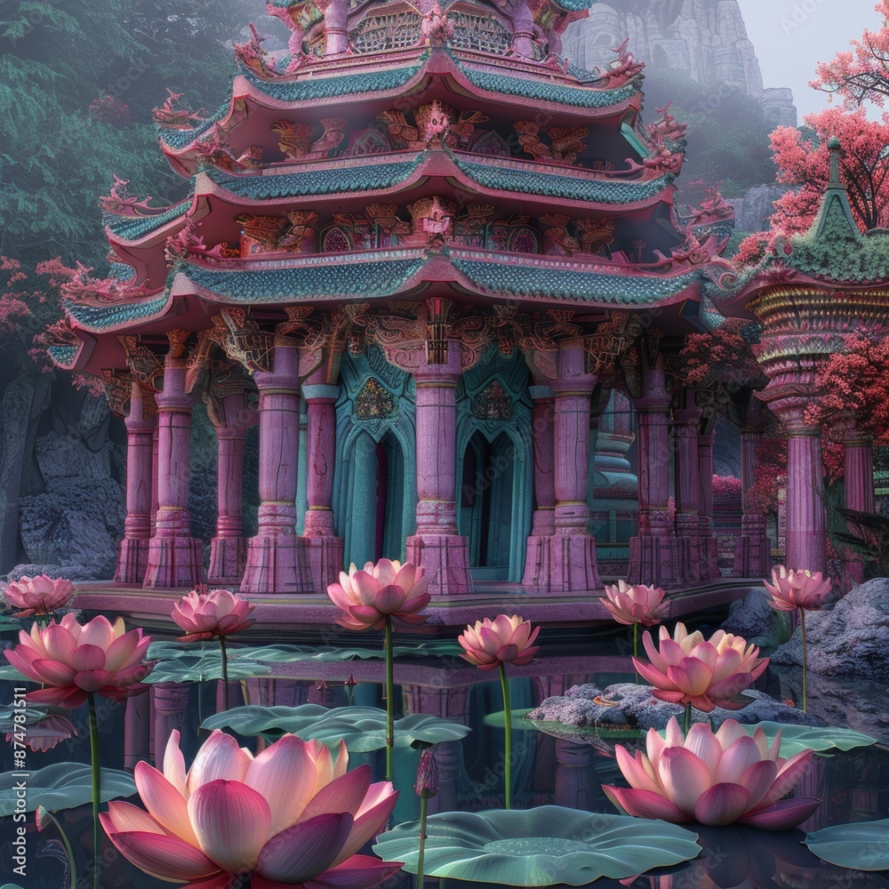 Lotus Temple Tranquility - Serene Digital Artwork of Vibrant Lotus Flowers Adorning Temple Facade Lotus Temple Tranquility - Serene Digital Artwork of Vibrant Lotus Flowers Adorning Temple Facade