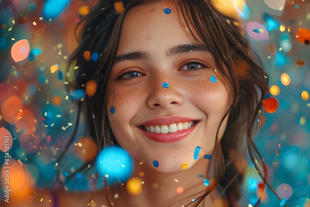 Woman Smiling with Confetti All Over Her Face Woman Smiling with Confetti All Over Her Face
